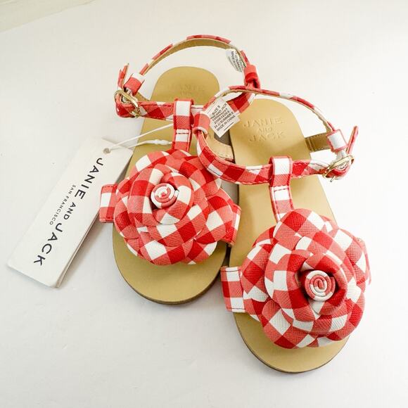Janie & Jack Red Gingham Flower Sandals, 8T Toddler Girls NWT! - Picture 1 of 7